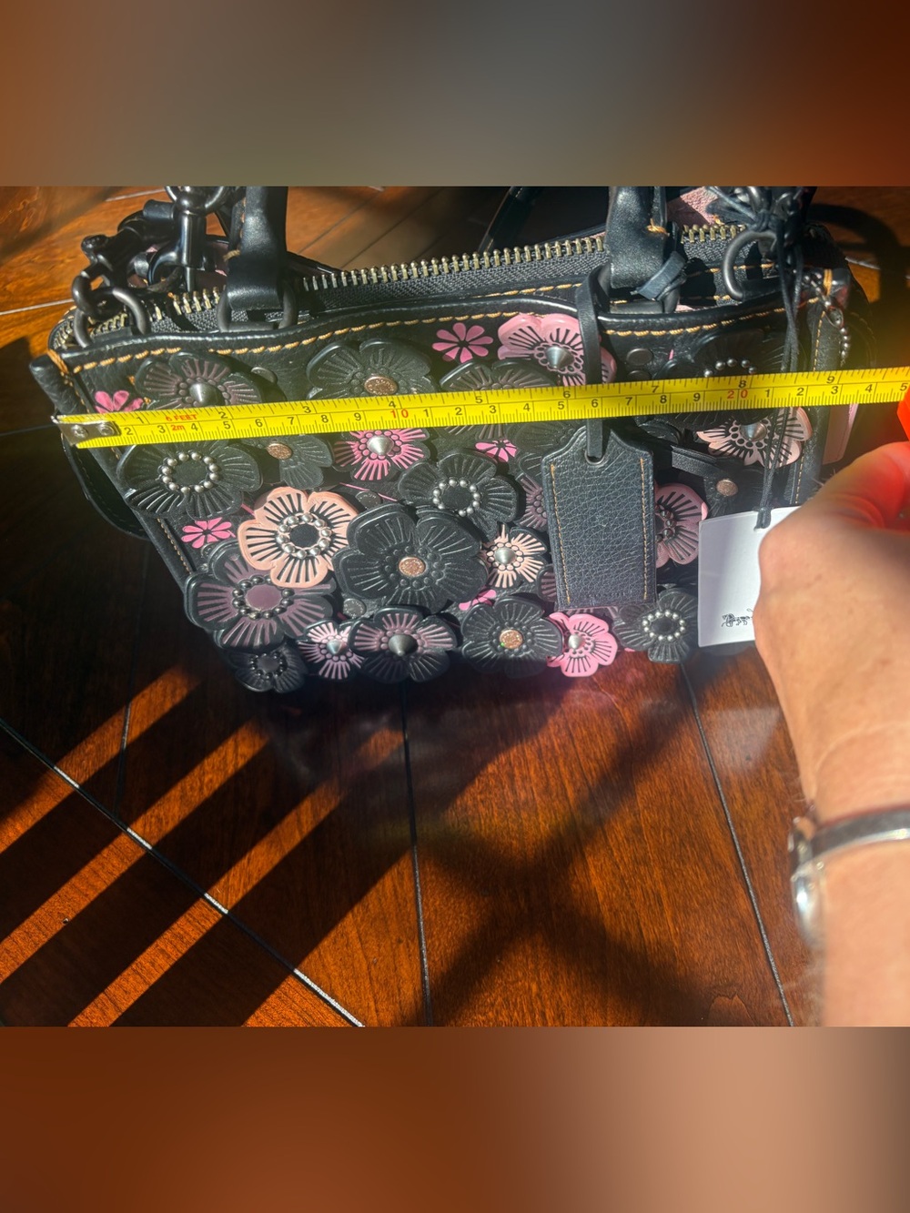 Coach Rouge 1941 Black Leather Satchel with Tea Rose Pink Floral Appliqués - Picture 9 of 9